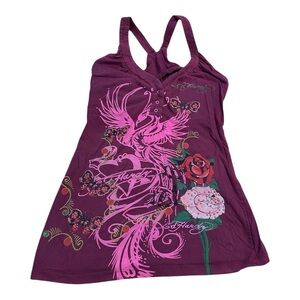 Ed Hardy Y2K Plum Pink Tattoo-Style Grunge Graphic Tunic Tank Top